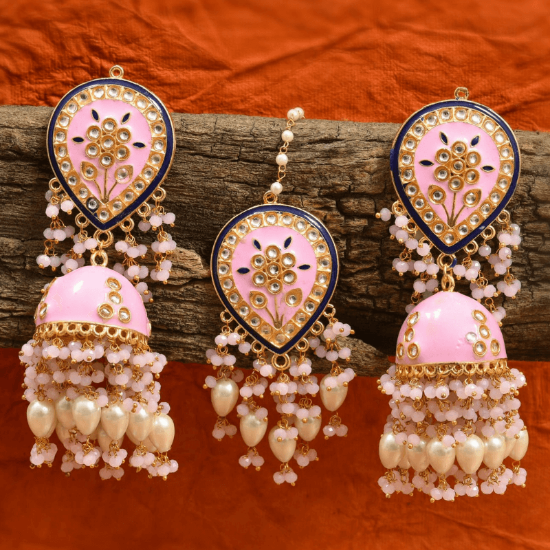 Traditional Long Pearl Enamel pink Hanging Jhumka Earrings Maang Tikka  Jewellery – RangRasiya – By Shailaja